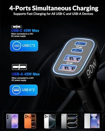 Close look at the 90W 4-Port USB C Super Fast Car Charger for Samsung build quality