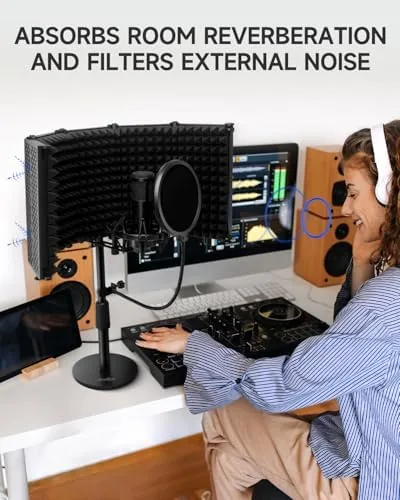 Close look at the Moukey Microphone Isolation Shield, with Pop Filter& Table Stand, Foldable build quality