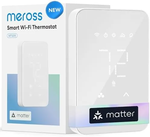 The meross Matter smart thermostat mounted on a wall near a baseboard heater