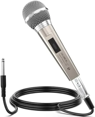 The gold wired dynamic microphone on a microphone stand