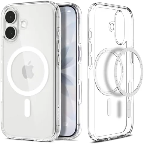 The clear Spigen Ultra Hybrid MagFit case installed on an iPhone 17