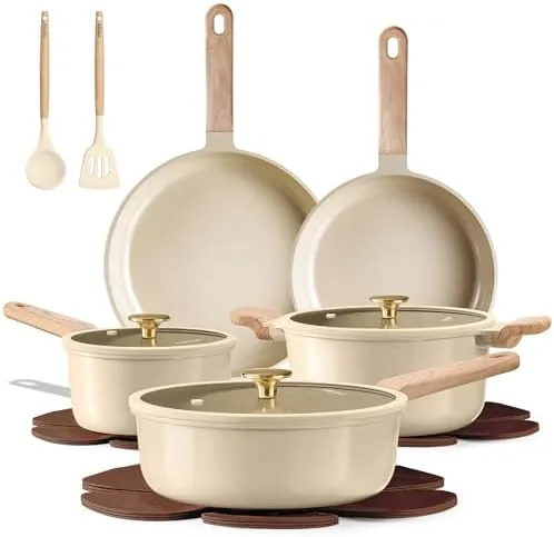 CAROTE 14 piece ceramic cookware set arranged on a kitchen counter