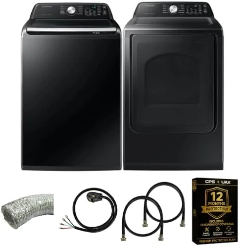Samsung top load washer and electric dryer side by side in a laundry room