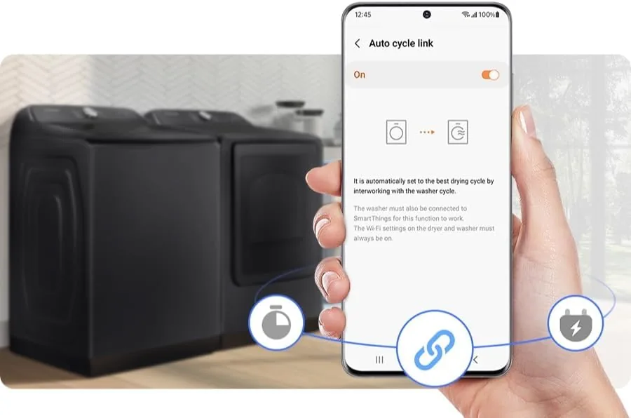 Family member checking the SmartThings app for the laundry status
