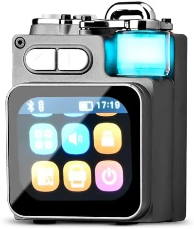 Mini Bluetooth speaker with the touchscreen visible and LED lights on