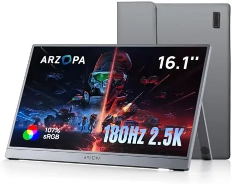 The ARZOPA 16.1 inch portable monitor standing on its kickstand with a laptop beside it