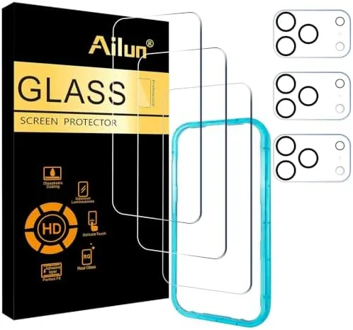 The Ailun 3+3 pack laid out with screen protectors, lens protectors, and the installation frame