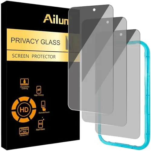 The Ailun 3 pack privacy protector box with a sheet of glass held at an angle