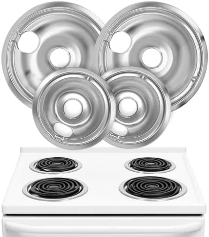 Set of four chrome stove drip pans laid out on a counter