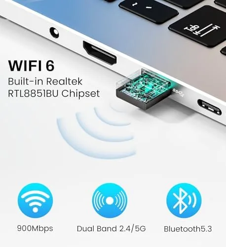 Detail shot of the USB WiFi 6 Adapter for PC Desktop & Laptop, 900Mbps features