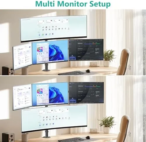 The WALI Stacked 4 Monitor Mount for 49" UItrawides and Three in real use