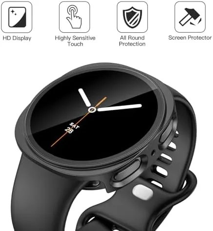 Close up of the black bumper case and the tempered glass protector on a watch