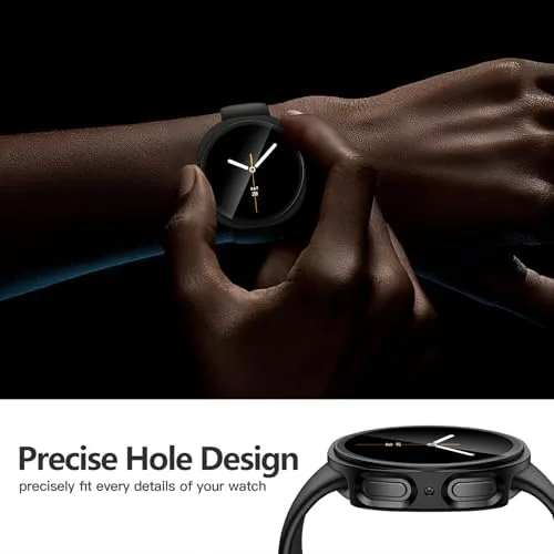 The case installed on a 44mm Galaxy Watch showing the buttons and crown accessible