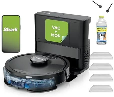 The Shark Matrix Plus robot vacuum docked in its self-emptying base on a hard floor