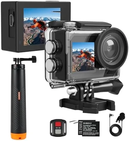 The SVBONY SVGo2 camera floating on its selfie stick in clear blue sea water