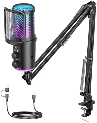 Gaming USB Microphone, Noise Cancellation Condenser Mic with Mute,Boom Arm Mic-Reverb Adjustment, Monitoring for Review: Tested and Rated