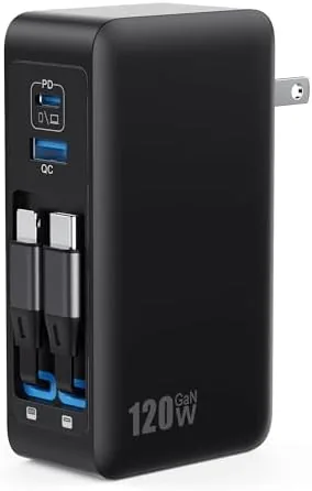 Overview of the USB C Charger Block 120W with Built-in 2 Retractable Cables,4-in-1