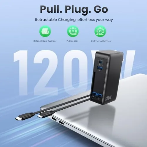 Close look at the USB C Charger Block 120W with Built-in 2 Retractable Cables,4-in-1 build quality
