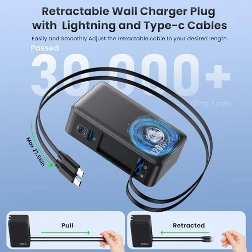 Detail shot of the USB C Charger Block 120W with Built-in 2 Retractable Cables,4-in-1 features