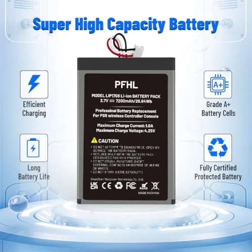 A DualSense controller closed up and charging with the new battery installed