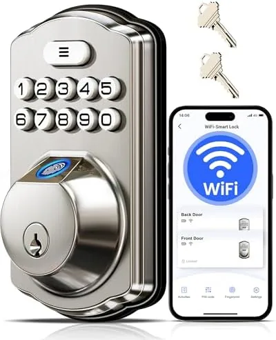 The Veise VE012W smart lock mounted on a front door in satin nickel finish