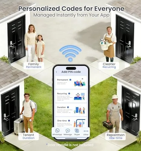 The Veise smart lock on a front door with a smart speaker visible nearby