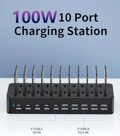 Close look at the 100W Charging Station for Multiple Devices, 10-Port USB Fast Charger build quality