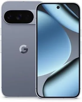 The Google Pixel 10 Pro in Moonstone held upright showing the rear camera bar