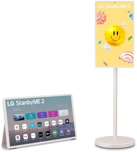 LG StanbyME 2 on its wheeled stand in a bright living room