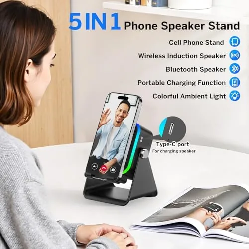Detail shot of the MILOUZ Wireless Induction Speaker 5-in-1 Bluetooth Speaker with Phone Stand features