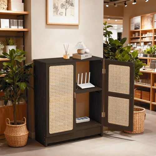 The WiFi Router Storage Cabinet, Bamboo Router Cabinet with Adjustable Shelves in real use