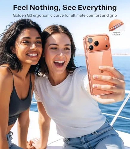The iPhone 17 Pro in the TORRAS clear case held in a hand