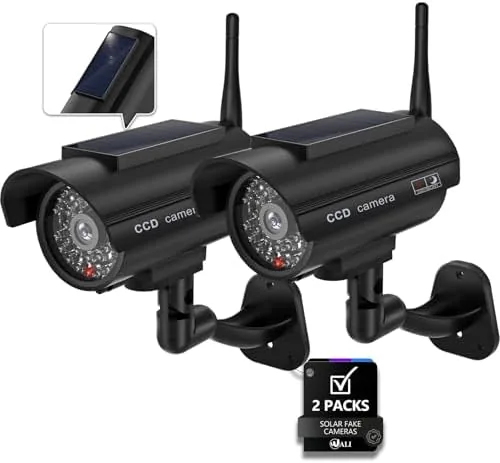 WALI Solar Powered Fake Security Camera, Red Light & Antenna, 2 Pack, Black | Review: Tested and Rated