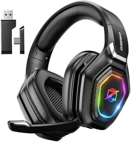 The Ozeino wireless gaming headset shown on a desk with the RGB lighting on
