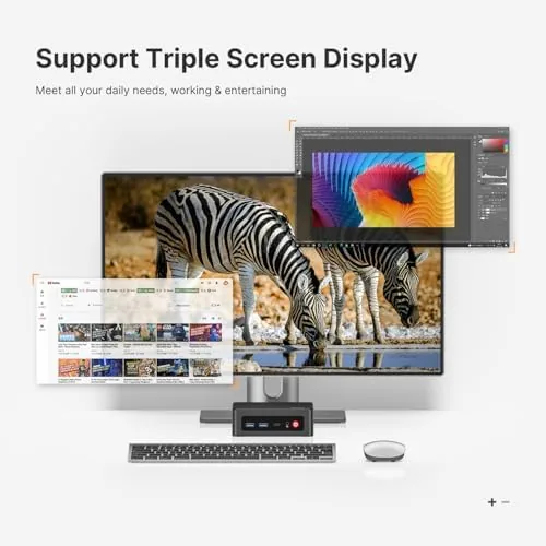The E4 running photo editing software on a single 4K monitor