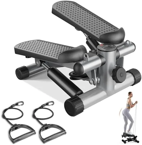 The Sweetcrispy mini stepper set up on a living room floor with resistance bands attached