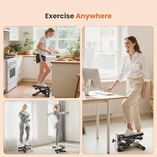 The stepper in use with a person stepping while holding the resistance band handles
