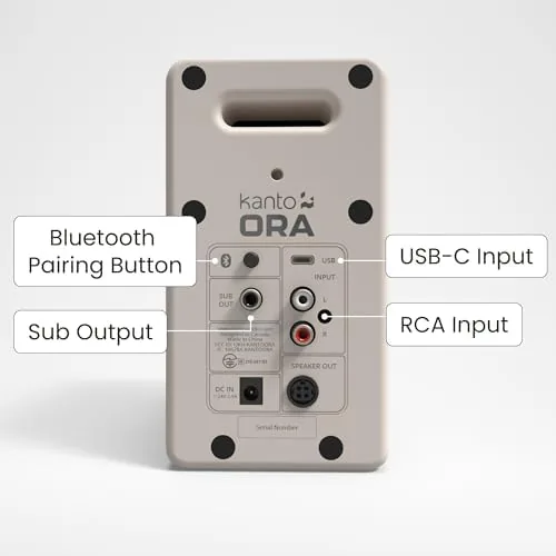 Detail shot of the Kanto ORAMC 100W Powered Reference Desktop Computer Speakers with Bluetooth features