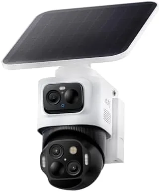 The eufyCam S4 mounted on a fence post with its solar panel attached above