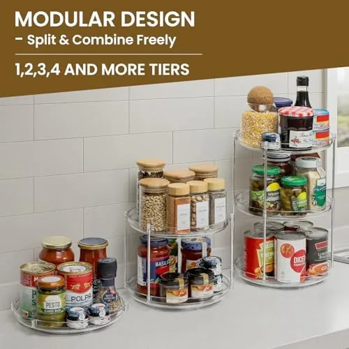The lazy susan turning on a pantry shelf with both levels loaded
