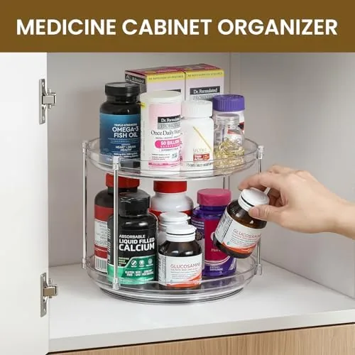The turntable in a bathroom vanity holding skincare bottles
