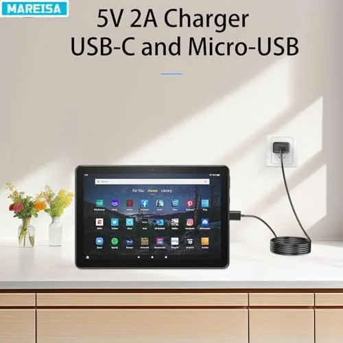 Detail shot of the 5V 2A Charger, USB-C and Micro-USB Charger Cord | Compatible features