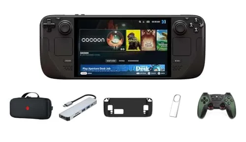 The Steam Deck 2TB handheld lying on a table with its bundled case beside it