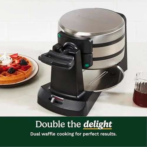 Batter being poured onto the hot nonstick plates of the waffle maker