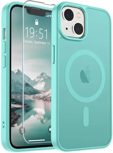 The SUPFINE magnetic iPhone 13 case in blue green on a table