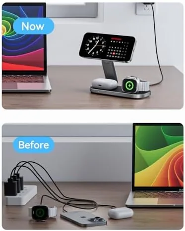 Detail shot of the 3-in-1 Charging Station for Apple Device, Qi2 25W Certified Magnetic features