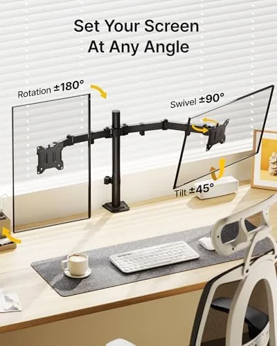 The monTEK Heavy-Duty Dual Monitor Stand for 17-32", 22 lbs Each in real use