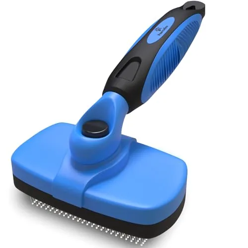 Self-cleaning deshedding dog brush on a table with a pile of brushed fur