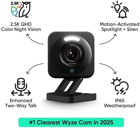 Close view of the WYZE Cam v4 lens, spotlight, and magnetic mount