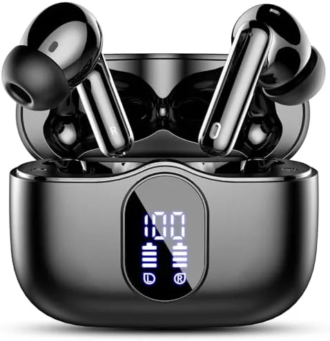 Black Bluetooth 5.4 wireless earbuds with the LED display charging case